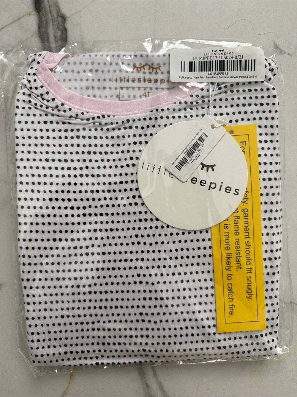 Little Sleepies White Top with Black Dots and Pink Neck Trim